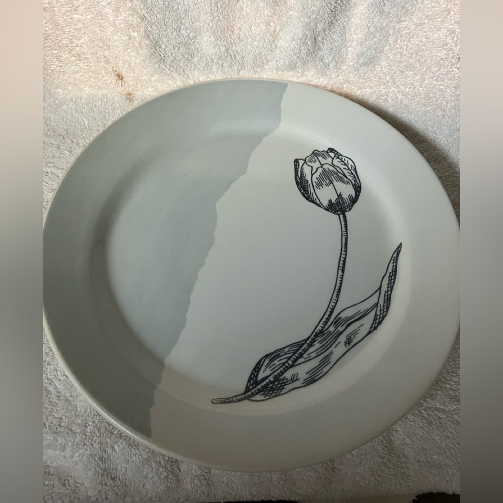 2 Retired IKEA Gray and White  Plate with a Black Rose Stencil Pattern 11 1/4”